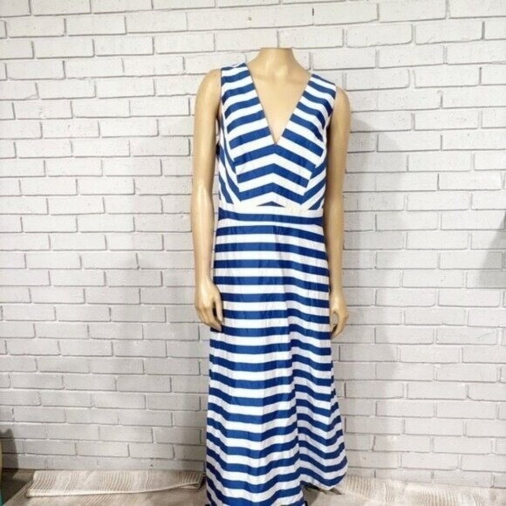 Boden Blue White Striped V-Neck Fit and Flare Midi Dress with Pockets Size 16R - Picture 9 of 14